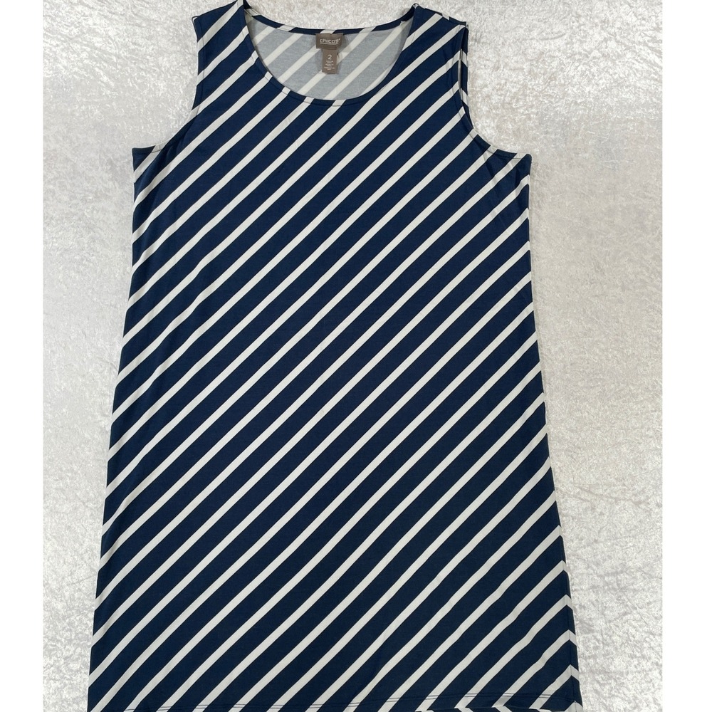 Chico's Shift Dress Women 2 L Navy Blue White Diagonal Stripe Sleeveless Dress